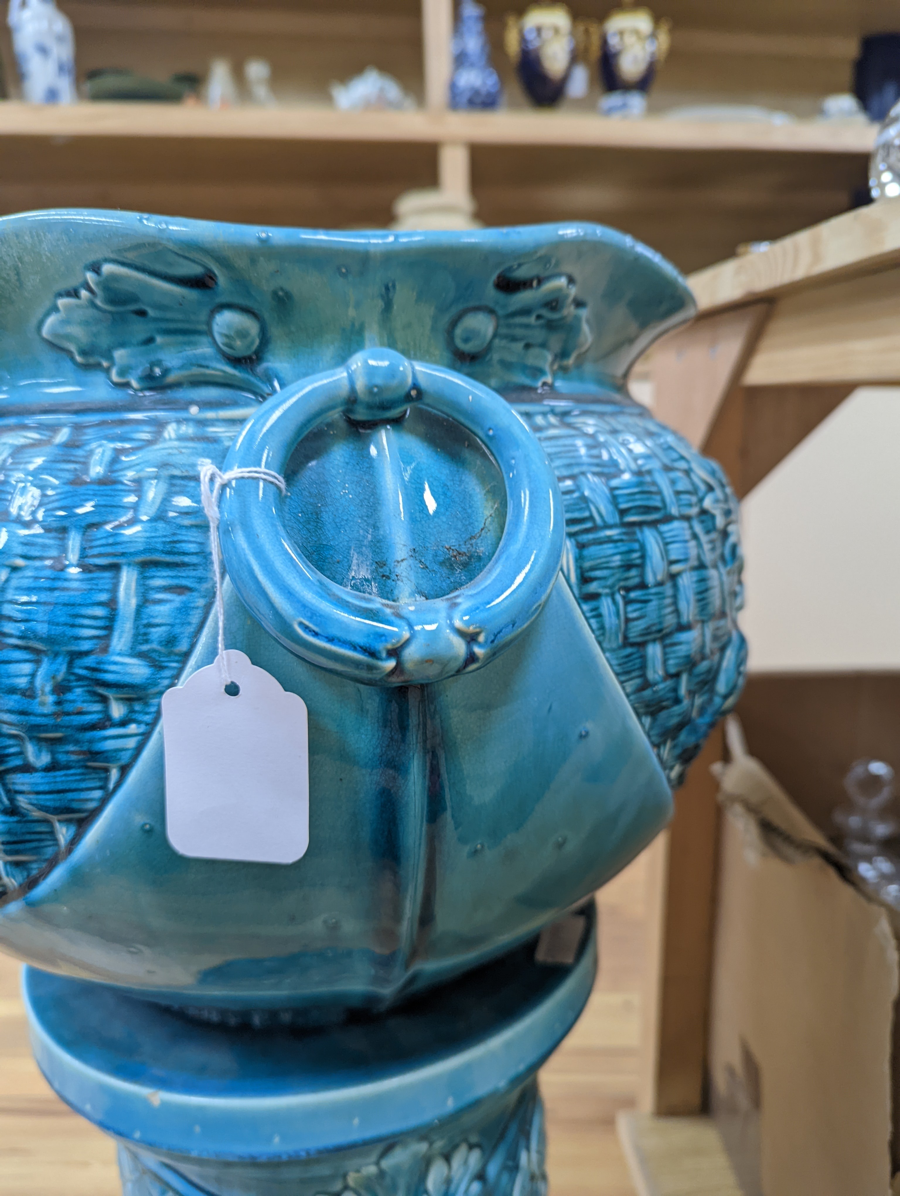 A Bretby turquoise-glazed jardiniere on pedestal 74cm
